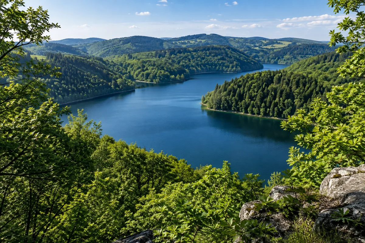 See zwischen bewaldeten Hügeln